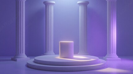 Fototapeta premium Elegant, illuminated pedestal surrounded by classical columns, creating a serene and sophisticated display space