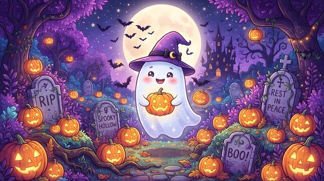  (friendly white ghost in purple witch hat with yellow buckle holding glowing jack-o'-lantern candy bucket in graveyard under smiling full moon)