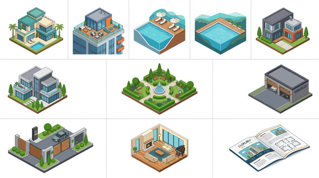 Isometric 3D Real Estate Icons Set: Houses, Pools, and Architecture