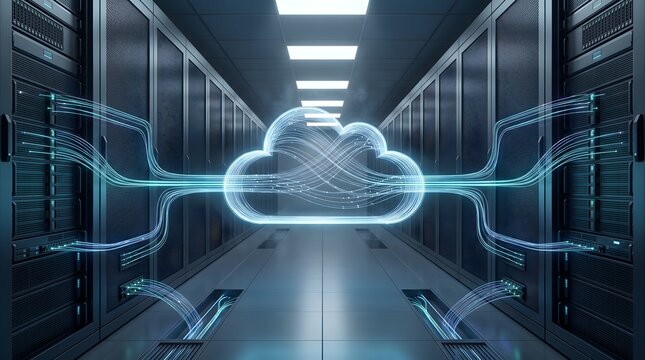 Cloud computing migration concept featuring glowing digital cloud connected to physical enterprise data center servers