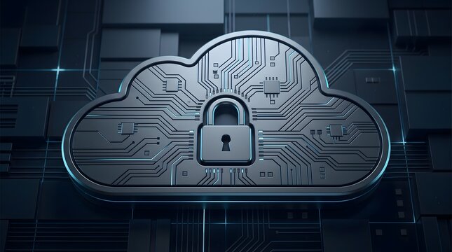 Enterprise hardware security module concept showing metallic cloud icon with padlock and circuit board patterns