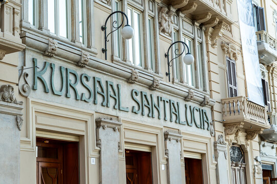 Bari, Italy - June 31, 2026: Kursaal Santalucia venue facade with ornate Art Nouveau lettering and decorative architectural details on historic building in Bari city center