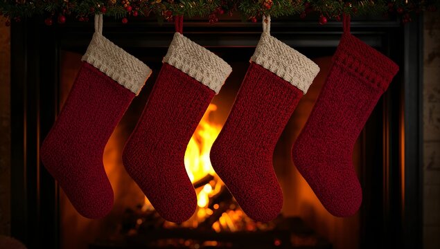 Four Christmas stockings hanging by a warm, cozy fireplace. The stockings are red with white trim, and the firelight casts a festive glow