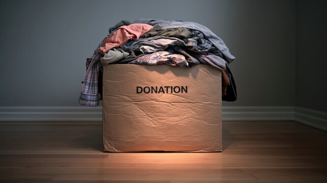 Cardboard box overflowing with assorted used clothing ready for charitable giving.