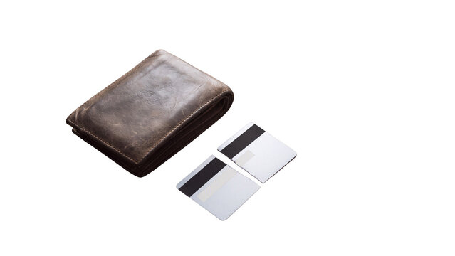 A leather wallet and a cut-up credit card on a transparent background. A concept representing debt elimination, budget planning, and saving money. Reducing credit card usage for personal finance manag