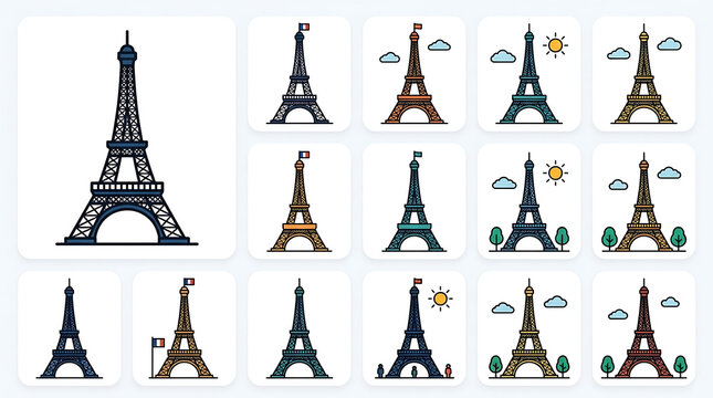 Pixel Art Eiffel Tower Collection Iconic Parisian Landmark in Various Styles and Colors