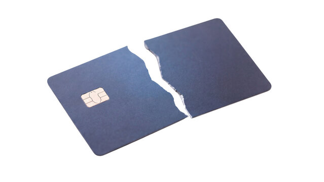 Broken black credit card on transparent background. Concept of debt relief, financial freedom, and budget planning. Refusal of credit obligation and ending consumer spending habits.