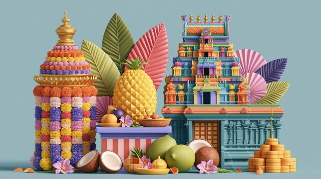 Colorful tropical fruit display with traditional temple architecture and marigold garlands against pastel background