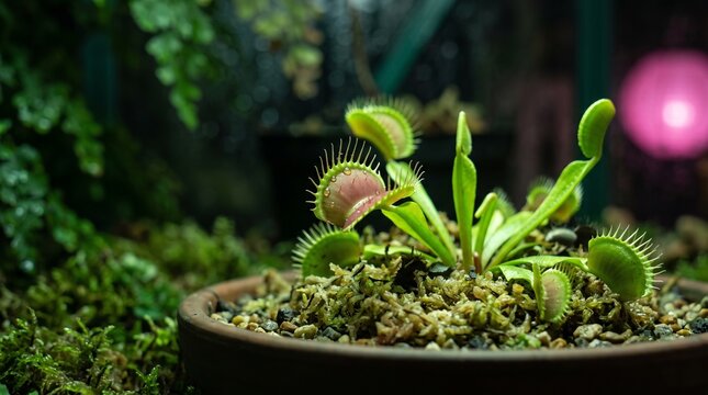 Venus flytrap detail beneath festive tropical night lighting