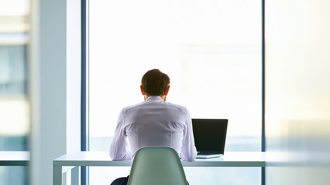 Shot at 85mm focal length capturing a focused entrepreneur at a clean workspace with natural window light