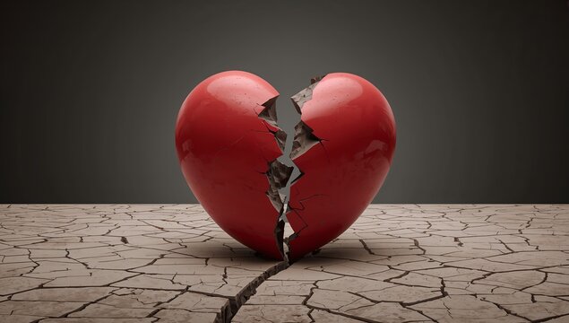 A broken red heart with a cracked surface, symbolizing heartbreak and sadness, rests on dry, cracked earth