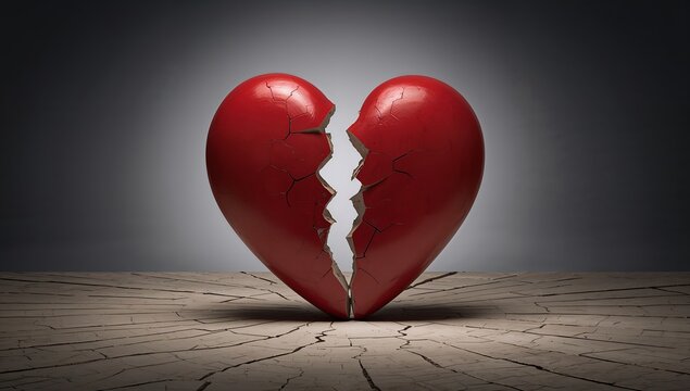 A broken heart symbol, symbolizing heartbreak and sadness. The cracked red heart rests on a textured wooden surface, with a dramatic spotlight highlighting its fractured state