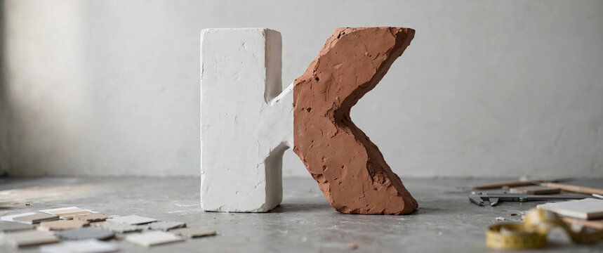 Material study letter K sculpture half white plaster half terracotta clay on studio floor architecture process