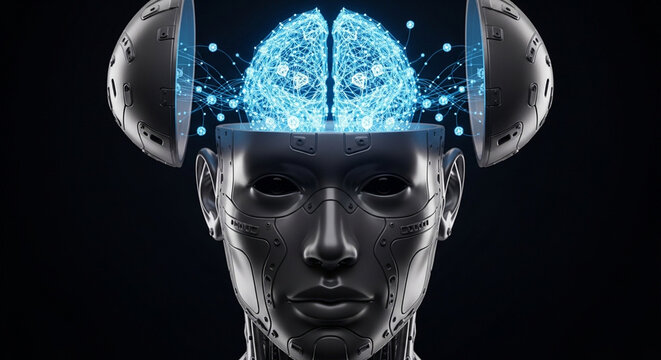 A detailed close-up of a metallic robot head with an illuminated, glowing blue brain structure inside, symbolizing artificial intelligence and advanced technology.