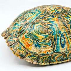 Colorful patterned turtle shell close up.