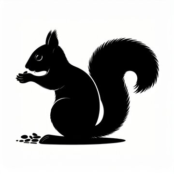 Black and white squirrel silhouette illustration eating nut.