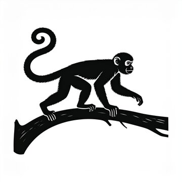 Black and white monkey silhouette on tree branch.