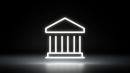 Fototapeta premium Glowing white neon icon of a classical building with columns on a dark reflective surface