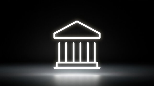 Glowing white neon icon of a classical building with columns on a dark reflective surface