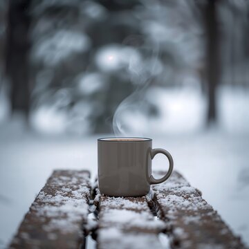 A steaming mug of hot beverage sits on a snow-covered wooden surface, with a blurred winter forest in the background. The steam gently rises from the mug.