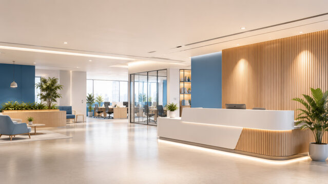 Bright modern corporate office reception with open workspace warm wood finishes and indoor plants