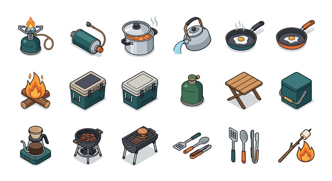 Camping Kitchen Gear Set: Isolated Isometric Icons