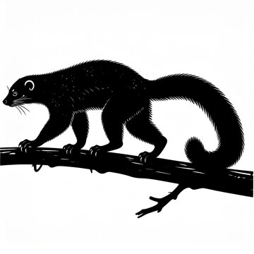 Silhouette of a civet cat walking on a tree branch.