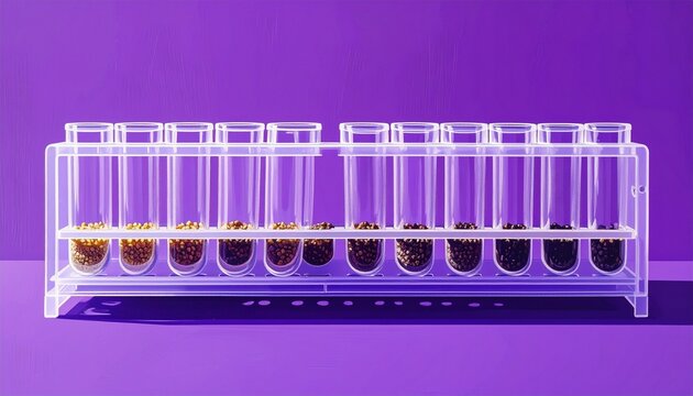 Colorful liquid samples in laboratory test tubes on purple background.