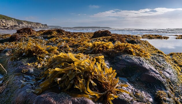 close up of fucus vesiculosus seaweed growing on a coastal rock surface at low tide