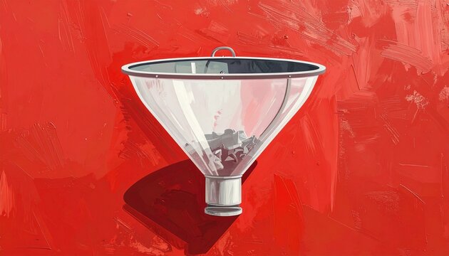 Close up of a metallic funnel against a red background.