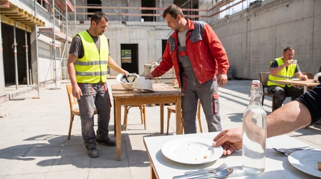 Construction staff finish a catered lunch before returning to work
