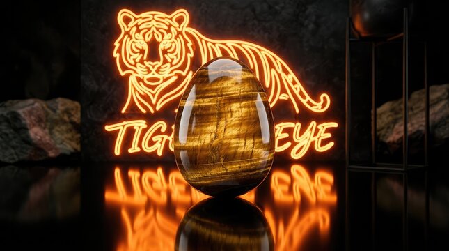 Neon tiger sign glowing in the dark with a reflection on a polished surface below the text
