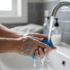 Fototapeta premium Close up of soapy hands holding blue sponge.