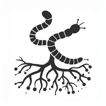 Black and white illustration of a caterpillar with roots.