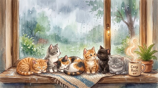 Soft watercolor artwork depicting four cute cats resting together on a window ledge with blurred green garden background.
