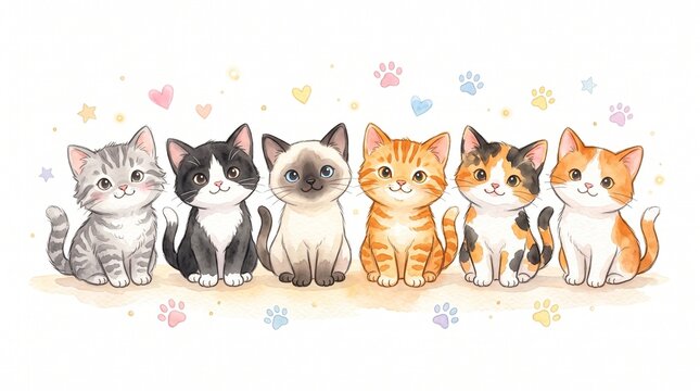 Adorable watercolor illustration of four fluffy cats sitting in a row on a wooden window sill inside a cozy room.