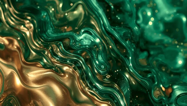 Abstract emerald green and gold liquid metal texture with swirling patterns and glitter effect