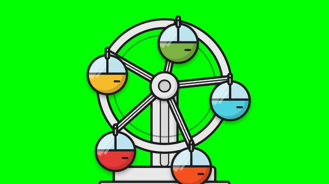 Colorful Carnival Ferris Wheel Attraction with Multicolored Cabins Isolated on Green Screen