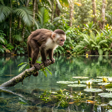 Capuchin monkey sitting on a branch in tropical rainforest.