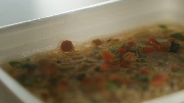 Steaming instant noodles in foam tray, closeup of curly ramen strands and rich broth, diced carrots and peas scattered across surface, tiny meatball bits peeking through, soft warm lighting, gentle