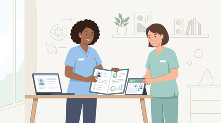 Fototapeta premium Two nurses reviewing medical charts and data on a desk with laptop