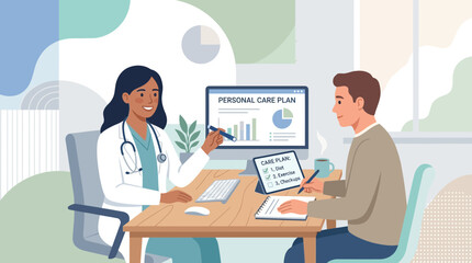 Fototapeta premium Doctor and Patient Discussing Personal Care Plan on Computer and Tablet