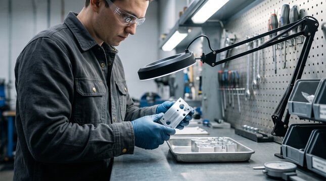 Technician inspects machined parts during small batch production