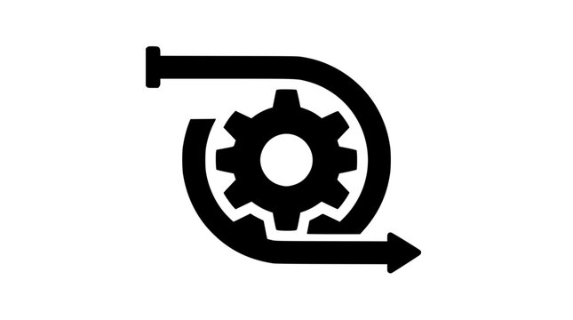 A gear wheel inside a curved directional loop arrow, representing agile workflow, iterative development, continuous process improvement, and system automation