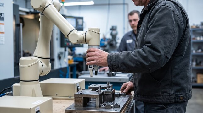 Technician teaches collaborative robot skills at assembly fixture