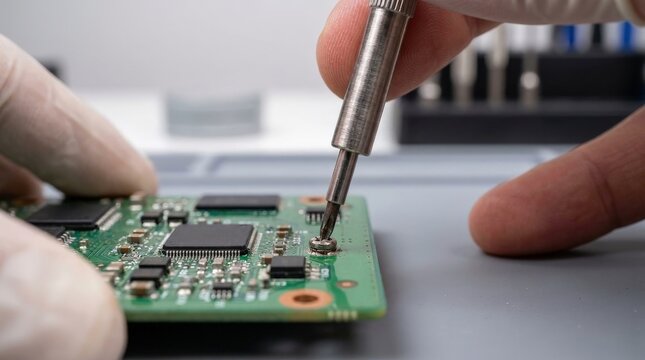 Professional electronics technician performing maintenance on a modern circuit board.