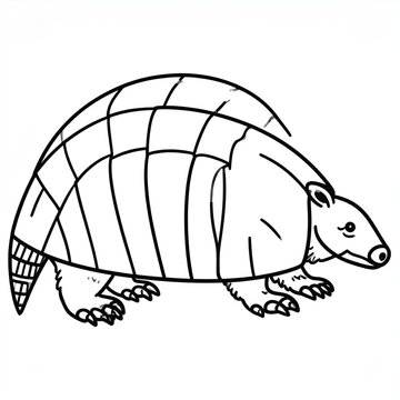 Black and white line drawing of an armadillo walking.