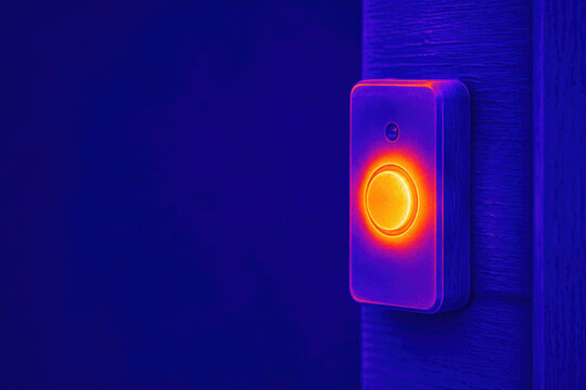 Glowing doorbell button shines under blue and purple light. Space for text.