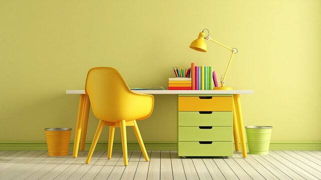 Bright and Cheerful Yellow Home Office Desk with Chair, Lamp, and Supplies