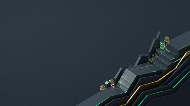 Abstract geometric structure with metallic layers and gold accents in minimalist dark setting